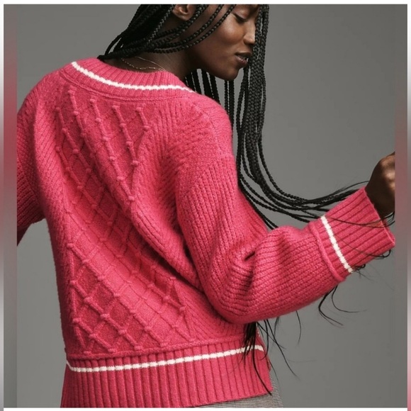 Anthropologie Maeve Sweater The Tillie V-Neck Cable Knit Pullover in Berry Pink - Picture 3 of 14